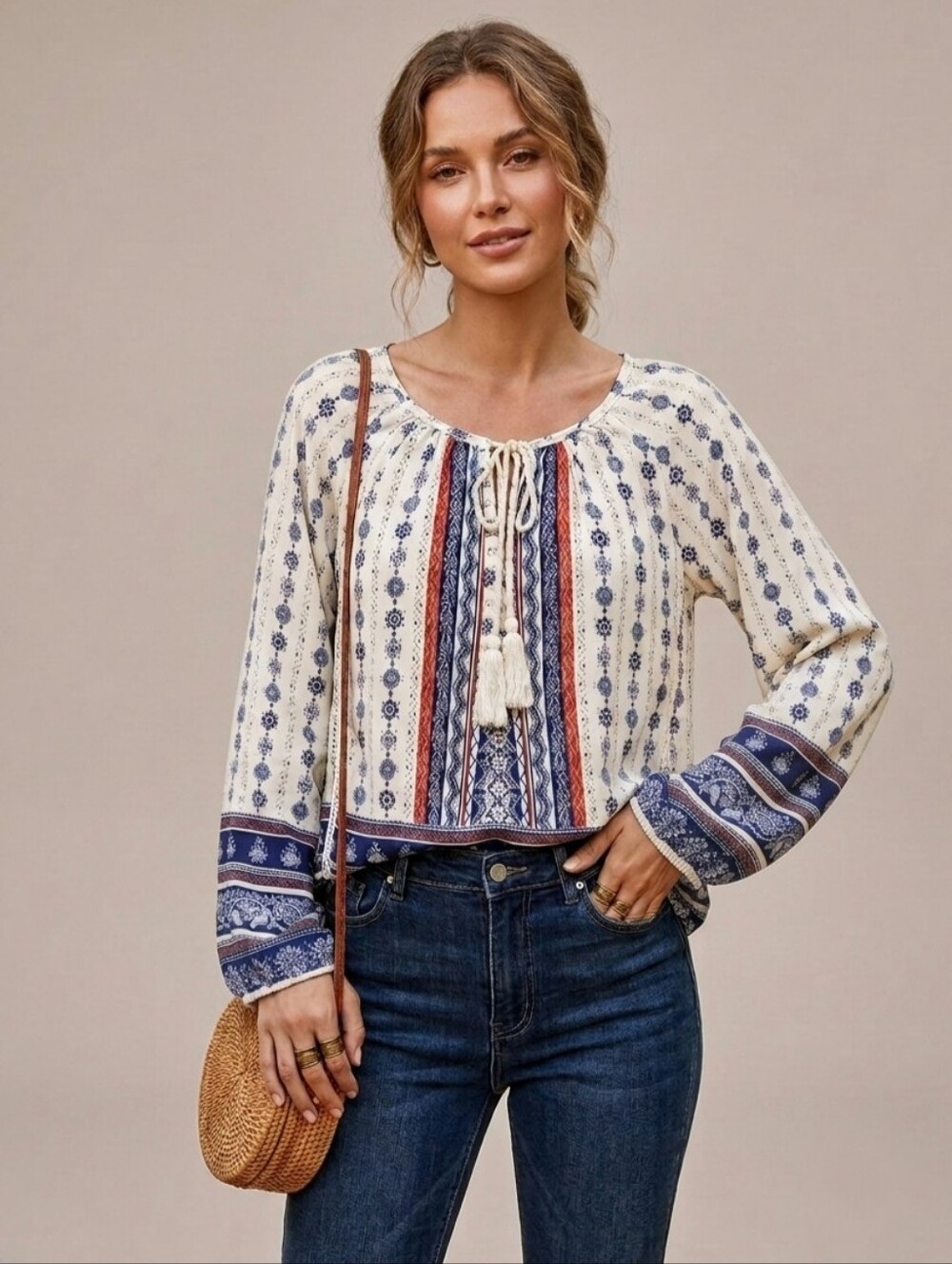 Design Lab Lord & Taylor White Boho Blouse with Navy & Red Print size M